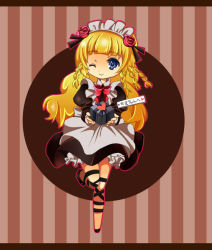 Rule 34 | 1girl, apron, blonde hair, blue eyes, braid, brown background, dress, flower, frills, gift, hairband, long hair, maid, maid apron, maid headdress, one eye closed, ribbon, rose, shirley fennes, shoes, smile, tales of (series), tales of legendia, wink
