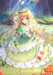 Rule 34 | 1girl, bare shoulders, blonde hair, blue eyes, blush, breasts, character request, cleavage, closed mouth, collarbone, commentary request, copyright notice, day, dress, fairy princess basil, flower, forest, frilled dress, frills, green dress, long hair, medium breasts, momoshiki tsubaki, nature, outdoors, own hands clasped, own hands together, petals, poppy (flower), red flower, smile, solo, tree, very long hair, water, watermark, z/x