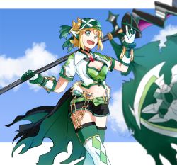 Rule 34 | 1girl, akatsuki kirika, bandana, belt, black shorts, blonde hair, blue sky, blurry, breasts, chain, choker, cleavage, cloud, commentary request, day, depth of field, flag, gloves, green bandana, green bandanna, green eyes, highres, infour, jolly roger, looking at viewer, medium breasts, midriff, navel, open mouth, pirate, pointing, pointing up, scythe, senki zesshou symphogear, senki zesshou symphogear xd unlimited, short hair, shorts, skull, skull and crossed swords, sky, smile, solo, standing, symphogear pendant, thighhighs, vambraces, waistcoat, weapon, white gloves, white thighhighs