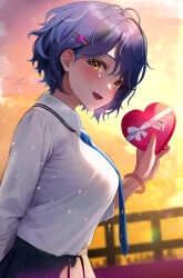 Rule 34 | 1girl, aged down, alternate costume, animal ears, blue hair, blue necktie, blurry, blurry background, blush, box, breasts, c (theta), dark blue hair, fingernails, gift, gift box, heart-shaped box, highres, holding, holding box, idolmaster, idolmaster million live!, large breasts, light particles, looking at viewer, messy hair, nail polish, necktie, outdoors, pleated skirt, school uniform, shirt tucked in, signature, skirt, smile, solo, toyokawa fuka, yellow eyes