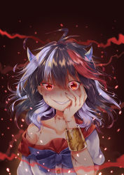 Rule 34 | 1girl, absurdres, ahoge, akiteru (akiteru98), bare shoulders, black hair, blood, blue bow, blush, bow, bracelet, collarbone, commentary request, crack, dress, fang, glowing, glowing eyes, grey horns, grin, hair between eyes, hand on own cheek, hand on own face, hand up, highres, horns, jewelry, kijin seija, light particles, looking at viewer, messy hair, multicolored hair, nail polish, off shoulder, puffy short sleeves, puffy sleeves, red background, red hair, red nails, red sailor collar, sailor collar, short hair, short sleeves, smile, solo, streaked hair, touhou, uneven eyes, upper body, white dress, white hair