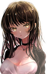 Rule 34 | 1girl, bad id, bad pixiv id, black choker, black jacket, breasts, brown eyes, brown hair, chigiri kurenai, choker, cleavage, collarbone, commentary request, highres, jacket, jewelry, large breasts, long hair, looking at viewer, necklace, original, simple background, solo, tearing up, tears, upper body, white background