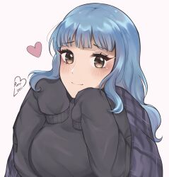 Rule 34 | 1girl, alternate costume, artist name, black sweater, blue hair, blunt bangs, blush, breasts, brown eyes, fire emblem, fire emblem: three houses, heart, highres, large breasts, long hair, looking at viewer, marianne von edmund, nintendo, purrlucii, simple background, sleeves past wrists, smile, solo, sweater, upper body, white background
