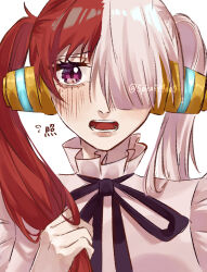 Rule 34 | 1girl, absurdres, alternate hairstyle, black ribbon, blush, commentary, hair over one eye, highres, long hair, looking at viewer, multicolored hair, neck ribbon, one piece, one piece film: red, open mouth, purple eyes, red hair, ribbon, simple background, solo, spica (spica5f9ea0), split-color hair, teeth, translation request, twintails, two-tone hair, upper body, uta (one piece), white background, white hair