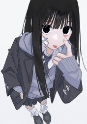 Rule 34 | 1girl, akanbe, bandage on face, bandages, black eyes, blunt bangs, blurry, depth of field, eyelid pull, finger to eye, foreshortening, from above, grey jacket, grey sweater, hair between eyes, hamafugu, hand in pocket, highres, jacket, long hair, looking at viewer, loose socks, naughty face, necktie, original, socks, sweater, tongue, tongue out, white background