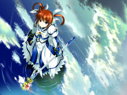 Rule 34 | 10s, 1girl, brown hair, cloud, dress, from above, looking up, lyrical nanoha, mahou shoujo lyrical nanoha, mahou shoujo lyrical nanoha the movie 1st, raising heart, raising heart (device mode) (1st), reflection, ripples, sky, skyt2, solo, staff, takamachi nanoha, takamachi nanoha (movie 1st mode)