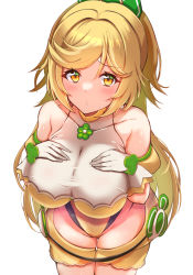Rule 34 | 1girl, absurdres, belt, blonde hair, blush, breast suppress, breasts, choker, collarbone, detached sleeves, equal (heartstrings), from above, gloves, gluteal fold, highres, large breasts, leotard, long hair, looking at viewer, looking up, onko akino, ponytail, pursed lips, simple background, solo, taut clothes, white background, white gloves, wixoss diva(a)live, yellow eyes