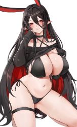 Rule 34 | 1girl, :q, absurdres, alternate costume, alternate eye color, alternate hair color, animal ears, bare shoulders, bikini, bikini under clothes, black bikini, black choker, black hair, black rabii, black sweater, breast suppress, breasts, choker, cleavage, clothes lift, collarbone, colored inner hair, commentary, commission, criss-cross halter, curvy, earclip, english commentary, fake animal ears, front-tie top, gompang 11, groin, hair between eyes, hair intakes, halterneck, hand on own chest, highres, holding, holding own hair, huge breasts, kneeling, large breasts, lifting own clothes, long hair, long sleeves, looking at viewer, mole, mole under eye, multicolored hair, navel, off-shoulder sweater, off shoulder, original, pointy ears, red eyes, red hair, side-tie bikini bottom, sidelocks, simple background, skindentation, sleeves past wrists, solo, stomach, string bikini, sweater, sweater lift, swimsuit, thigh strap, thighlet, thighs, tongue, tongue out, two-tone hair, very long hair, white background