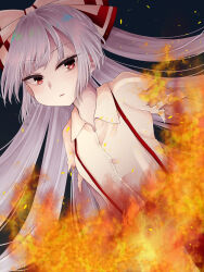 Rule 34 | 1girl, absurdres, black background, bow, buttons, collared shirt, dutch angle, embers, expressionless, fire, fujiwara no mokou, grey hair, hair bow, highres, long hair, looking at viewer, parted lips, red bow, red eyes, sakuma (yr 0920), shirt, short sleeves, sidelocks, solo, strap, torn clothes, torn sleeves, touhou, two-tone bow, upper body, white bow, yellow shirt