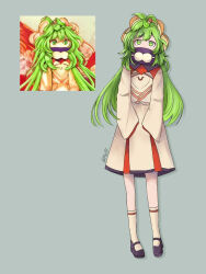Rule 34 | 1girl, black footwear, commentary request, covered mouth, dress, full body, green eyes, green hair, grey background, hiratose02 (mxx 459), long hair, long sleeves, original, reference inset, simple background, solo, standing, touhou, twitter username, white dress