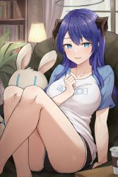 Rule 34 | 1girl, :d, absurdres, arknights, black shorts, blue eyes, blue hair, blue sleeves, book, chinese commentary, collarbone, commentary request, couch, demon horns, halo, hand on own chest, highres, hood, horns, huge filesize, indoors, jacket, knees up, lamp, long hair, looking at viewer, mango (mgo), mostima (arknights), on couch, open mouth, raglan sleeves, shirt, short shorts, short sleeves, shorts, simple background, sitting, smile, stuffed animal, stuffed rabbit, stuffed toy, tail, thighs, white shirt