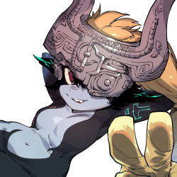 Rule 34 | 1girl, black skin, colored sclera, colored skin, commentary, extra arms, grey skin, highres, horned mask, looking at viewer, mask, midna, multicolored skin, navel, nintendo, nude, one eye covered, parted lips, red eyes, simple background, smile, solo, ssambatea, the legend of zelda, the legend of zelda: twilight princess, two-tone skin, v, white background, yellow eyes, yellow sclera