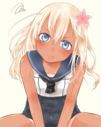 Rule 34 | 10s, 1girl, :t, beige background, blonde hair, blue eyes, covered navel, flower, gorori (5rori co), hair flower, hair ornament, head tilt, kantai collection, long hair, looking at viewer, neckerchief, one-piece swimsuit, pout, ro-500 (kancolle), sailor collar, sailor shirt, shirt, simple background, sleeveless, sleeveless shirt, solo, squiggle, swimsuit, swimsuit under clothes, tan, tanline, upper body, v arms, yellow background