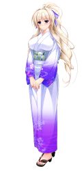Rule 34 | 1girl, blonde hair, blue eyes, blush, breasts, earrings, floral print, full body, highres, japanese clothes, jewelry, kimono, large breasts, looking at viewer, obi, ponytail, sandals, sash, silveria leodiehl, smile, solo, standing, transparent background, unionism quartet, wide sleeves