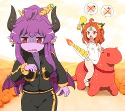 Rule 34 | 2girls, :o, ahoge, arm up, bare arms, bare legs, bare shoulders, barefoot, black jacket, black pants, bowl, breasts, cake, cake slice, cleavage, collarbone, colored skin, commentary request, curled horns, day, demon girl, demon horns, demon wings, dragon girl, dragon horns, dragon tail, dress, ear piercing, exercising, fang, flame-tipped tail, food, forehead jewel, highres, holding, horns, jacket, long hair, long sleeves, low wings, medium breasts, megaphone, ming (mg), multiple girls, noodles, open mouth, orange hair, original, outdoors, pants, parted bangs, piercing, pointy ears, purple hair, purple skin, purple wings, ramen, red eyes, riding, road, running, shirosato, sitting, sleeveless, sleeveless dress, spoken food, sweat, tail, track jacket, track pants, track suit, turn pale, v-shaped eyebrows, very long hair, wavy mouth, white dress, wings, yong (mg)