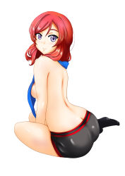Rule 34 | 10s, 1girl, arched back, ass, back, backboob, black socks, blue scarf, breasts, butt crack, commentary request, from behind, full body, highres, jou (circlemay), looking at viewer, looking back, love live!, love live! school idol project, medium breasts, medium hair, nishikino maki, purple eyes, red hair, scarf, scarf over breasts, simple background, sitting, smile, socks, solo, thighs, topless, white background