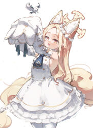 1girl :d absurdres animal_ear_fluff animal_ears arms_up bird blonde_hair blue_archive breasts commentary_request cowboy_shot cross_halo detached_sleeves dress flower forehead fox_ears fuunyon hair_flower hair_ornament halo highres long_hair long_sleeves looking_at_viewer necktie open_mouth parted_bangs partial_commentary seia_(blue_archive) sideboob sidelocks simple_background sleeveless sleeveless_dress sleeves_past_fingers sleeves_past_wrists small_breasts smile solo white_background white_bird white_dress white_sleeves yellow_eyes yellow_halo