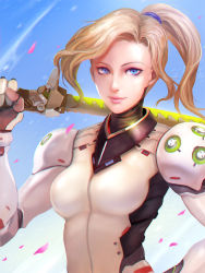 Rule 34 | 1girl, adapted costume, blonde hair, blue eyes, blue sky, bodysuit, breasts, commentary, day, eyeliner, fusion, genji (overwatch), glint, hair tie, hand on own hip, high ponytail, highres, holding, holding sword, holding weapon, katana, light smile, lips, looking at viewer, makeup, medium breasts, mercy (overwatch), nevoangelo arm, no wings, nose, outdoors, overwatch, overwatch 1, petals, pink lips, shoulder pads, sky, smug, solo, sword, upper body, weapon