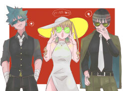 Rule 34 | 1girl, 2boys, 333111188833, adjusting eyewear, alternate costume, bandaged arm, bandages, belt, black hair, black star, blonde hair, blue hair, border, collared shirt, death the kid, dress, english text, formal, hand on own hip, hands in pockets, hat, highres, jacket, jacket on shoulders, jewelry, long hair, maka albarn, multicolored hair, multiple boys, necktie, open mouth, outside border, parted lips, red background, ring, round eyewear, scar, shirt, short hair, sleeveless, sleeveless dress, soul eater, speech bubble, spiked hair, standing, sun hat, sunglasses, twitter username, two-tone hair, two side up, upper body, white border, white dress, white hair, white necktie