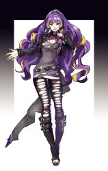Rule 34 | 1girl, :d, alternate hair color, bad id, bad pixiv id, belt, black footwear, black jacket, black pants, boots, collarbone, floating hair, full body, grey shirt, highres, holding, holding microphone, jacket, jewelry, knee boots, long hair, long sleeves, macross, macross delta, microphone, mikumo guynemer, multicolored hair, nail polish, necklace, open clothes, open jacket, open mouth, pants, purple hair, red eyes, shimatani azu, shirt, smile, solo, standing, streaked hair, torn clothes, torn pants, torn shirt, two-tone hair, very long hair