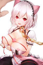 Rule 34 | 1girl, absurdres, animal ears, azur lane, blush, breasts, cat ears, chain, choker, cleavage, collarbone, dress, fake animal ears, frills, hair between eyes, hairband, highres, lace-trimmed hairband, lace trim, large breasts, looking at viewer, maid, nipple slip, nipples, otomaro (rkhu8433), puffy sleeves, red eyes, ribbon, ribbon-trimmed legwear, ribbon trim, short hair, short sleeves, sidelocks, sirius (azur lane), solo, solo focus, thighhighs, white hair, white thighhighs