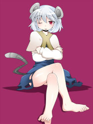 Rule 34 | 1girl, animal ears, bad id, bad pixiv id, barefoot, blush, capelet, crossed arms, crossed legs, feet, female focus, hammer (sunset beach), long sleeves, mouse ears, mouse tail, nazrin, one eye closed, purple background, red background, red eyes, short hair, silver hair, simple background, sitting, solo, tail, toes, touhou, wink