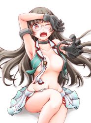 Rule 34 | 1girl, armpits, black hair, blush, breasts, brown hair, choukai (kancolle), choukai kai ni (kancolle), glasses, hair ornament, hat, highres, kantai collection, large breasts, long hair, looking at viewer, meihemu, open clothes, open mouth, pleated skirt, red eyes, rimless eyewear, school uniform, simple background, skirt, solo, white background