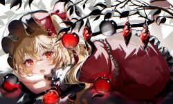 Rule 34 | 1girl, apple, blonde hair, commentary request, crystal, fangs, flandre scarlet, food, fruit, hair between eyes, hat, long hair, looking at viewer, lying, mob cap, on stomach, open mouth, pointy ears, puffy short sleeves, puffy sleeves, red eyes, red shirt, red skirt, sakizaki saki-p, shirt, short sleeves, side ponytail, skin fangs, skirt, solo, touhou, white hat, wings