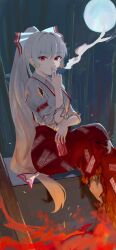 Rule 34 | 1girl, aremen, arm strap, bamboo, bow, burnt clothes, can, cigarette, closed mouth, collared shirt, commentary request, crossed legs, feet out of frame, fire, fujiwara no mokou, hair bow, highres, holding, holding can, holding cigarette, long hair, looking at viewer, moon, night, night sky, pants, ponytail, red eyes, red pants, shirt, sitting, sky, smoking, solo, suspenders, touhou, very long hair, white bow, white shirt