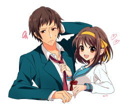 Rule 34 | 1boy, 1girl, :d, arm behind head, blazer, blue sailor collar, brown eyes, brown hair, closed mouth, commentary request, green jacket, hair ribbon, hairband, jacket, kita high school uniform, kyon, lapels, long sleeves, mohemohemincho, necktie, necktie grab, neckwear grab, notched lapels, open clothes, open jacket, open mouth, red necktie, red ribbon, ribbon, sailor collar, school uniform, serafuku, shirt, short hair, simple background, smile, suzumiya haruhi, suzumiya haruhi no yuuutsu, teeth, upper body, upper teeth only, white background, white shirt, yellow hairband, yellow ribbon