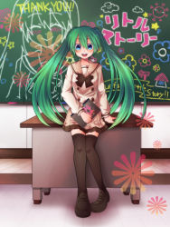 Rule 34 | 1girl, :d, absurdres, blue eyes, book, bow, bowtie, chalkboard, green hair, hatsune miku, highres, loafers, long hair, magu, open mouth, shoes, skirt, smile, solo, thighhighs, twintails, very long hair, vocaloid, zettai ryouiki