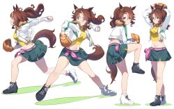 Rule 34 | 1girl, absurdres, animal ears, arms up, asymmetrical footwear, ball, baseball, baseball glove, black footwear, breasts, brown hair, clenched teeth, closed mouth, crop top, cropped jacket, green eyes, green skirt, high tops, highres, holding, holding ball, horse ears, horse girl, horse tail, jacket, long sleeves, looking at viewer, medium hair, mejiro palmer (umamusume), midriff, mismatched footwear, motion blur, multicolored hair, multiple views, navel, nishiki kazue, parted bangs, ponytail, sequential, shirt, shoes, simple background, skirt, small breasts, sneakers, standing, standing on one leg, streaked hair, tail, teeth, throwing, umamusume, v-shaped eyebrows, white background, white footwear, white jacket, yellow shirt