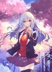 Rule 34 | 1girl, ahoge, black bow, black thighhighs, blazer, bow, braid, brown footwear, cherry blossoms, closed mouth, collar, day, elaina (majo no tabitabi), grey hair, hair between eyes, hand up, highres, jacket, long hair, long sleeves, looking at viewer, majo no tabitabi, majo no tabitabi: gakuen, necomi, official alternate costume, official art, open clothes, open jacket, outdoors, pleated skirt, purple eyes, red shirt, school uniform, shirt, shoes, single braid, skirt, smile, solo, thighhighs, thighs, tree, white collar, zettai ryouiki