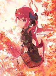 Rule 34 | 160mp, 1girl, autumn, autumn leaves, belt, black horns, blue archive, blurry, bokeh, dango, demon horns, demon wings, depth of field, eating, falling leaves, food, halo, hand up, highres, holding, holding food, horns, junko (blue archive), leaf, long hair, looking at viewer, low wings, military, military uniform, necktie, orange background, plaid, plaid skirt, pleated skirt, pointy ears, red eyes, red hair, red necktie, red skirt, red wings, short sleeves, signature, sitting, skirt, uniform, wagashi, wings