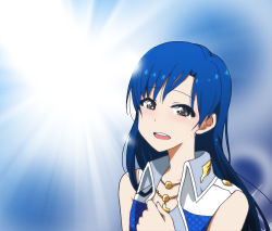 Rule 34 | 1girl, blue hair, hand on own chest, idolmaster, idolmaster (classic), jewelry, kidachi, kisaragi chihaya, long hair, necklace, open mouth, smile, solo, tears