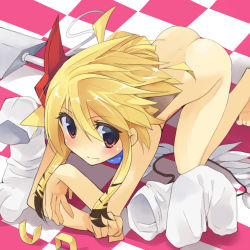 Rule 34 | 1girl, all fours, aputomu77, ass, blonde hair, blush, checkered floor, fang, floor, highres, nude, original, red eyes, short hair, smile, solo