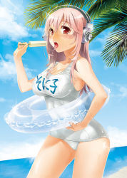 Rule 34 | 1girl, bad id, bad pixiv id, beach, blush, breasts, cleavage, day, food, headphones, ice cream, innertube, large breasts, lens flare, long hair, nitroplus, one-piece swimsuit, open mouth, outdoors, palm tree, pink eyes, pink hair, popsicle, red eyes, sage joh, saliva, saliva trail, school swimsuit, see-through, sexually suggestive, solo, sun, super sonico, sweat, swim ring, swimsuit, tongue, tree, wet, white one-piece swimsuit, white school swimsuit