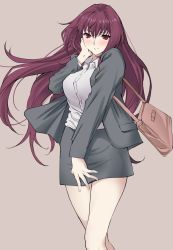 Rule 34 | 1girl, alternate costume, bag, bare legs, blush, breasts, brown bag, business suit, closed mouth, collared shirt, fate/grand order, fate (series), female focus, floating hair, formal, grey background, grey jacket, grey skirt, hair between eyes, hand on leg, hand on own cheek, hand on own face, hand on own leg, hand up, handbag, highres, jacket, large breasts, legs, long hair, long sleeves, looking at viewer, mature female, open clothes, open jacket, pencil skirt, purple background, purple hair, red eyes, scathach (fate), shirt, simple background, skirt, skirt suit, smile, solo, suit, type-moon, unbuttoned, white shirt, yoshiki360