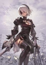 Rule 34 | 1girl, absurdres, android, black dress, blindfold, boots, breasts, cleavage, cleavage cutout, clothing cutout, cloud, cloudy sky, dress, feather-trimmed sleeves, hairband, highres, katahira (hiyama), katana, medium breasts, mole, nier (series), nier:automata, ruins, sky, solo, sword, thigh boots, thighhighs, weapon, white hair, 2b (nier:automata)