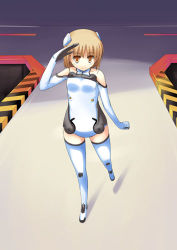 Rule 34 | 00s, 1girl, bare shoulders, blush, boots, breasts, brown eyes, elbow gloves, from above, full body, gloves, halterneck, hand up, headgear, leotard, light brown hair, looking at viewer, lowres, maid koubou, motionslit, pilot suit, sakurano otoha, salute, short hair, sky girls, small breasts, smile, solo, thigh boots, thighhighs, turtleneck, walking, white footwear, white thighhighs