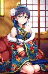 Rule 34 | 10s, 1girl, bare shoulders, beads, blue hair, bow, breasts, brown eyes, closed mouth, couch, criss-cross halter, eyelashes, fingernails, floral print, flower, folding fan, fur trim, hair beads, hair between eyes, hair bow, hair flower, hair ornament, hairband, halterneck, hand fan, hand on own thigh, highres, indoors, japanese clothes, kimono, lace-trimmed sleeves, lace trim, lantern, lipstick, long hair, long sleeves, looking at viewer, love live!, love live! school idol festival, love live! school idol project, makeup, medium breasts, on couch, paper lantern, red bow, ribbon, round window, seiza, sitting, sleeves past wrists, smile, solo, sonoda umi, striped ribbon, tassel, tucana, white flower, wide sleeves, window, yellow eyes