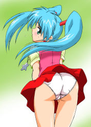 Rule 34 | 1990s (style), 1girl, ass, back, blouse, blue hair, blush, cameltoe, clothes lift, green background, green eyes, jewelry, pussy, leaning forward, long hair, looking back, mahou no angel sweet mint, miniskirt, mint (sweet mint), panties, pendant, pussy, red skirt, retro artstyle, shirt, skirt, skirt lift, solo, standing, star (symbol), thigh gap, thighs, trefoil, twintails, underwear, upskirt, white panties, wind, wind lift