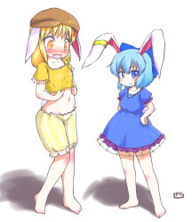 Rule 34 | 2girls, animal ears, barefoot, blonde hair, blue dress, blue eyes, blue hair, blush, bow, rabbit ears, rabbit tail, cirno, collarbone, commentary request, cosplay, crop top, dress, earclip, flat cap, full body, hair bow, hair ribbon, hands on own hips, hat, highres, kemonomimi mode, looking at another, looking at viewer, midriff, multiple girls, navel, open mouth, orange eyes, puffy short sleeves, puffy sleeves, ribbon, ringo (touhou), ringo (touhou) (cosplay), rumia, seiran (touhou), seiran (touhou) (cosplay), shadow, shirt tug, short hair, short sleeves, shorts, simple background, smirk, standing, tail, touhou, uho (uhoyoshi-o), white background