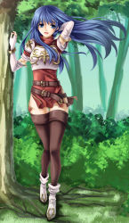 Rule 34 | 1girl, :d, ankle boots, armor, armored dress, black thighhighs, blue eyes, blue hair, blush, boots, bracelet, breastplate, caeda (fire emblem), dress, elbow gloves, fire emblem, fire emblem: mystery of the emblem, forest, gloves, highres, jewelry, long hair, matching hair/eyes, nature, nintendo, open mouth, pauldrons, sheeda (fire emblem), short dress, shoulder armor, smile, solo, thighhighs, tree, yuino (fancy party)