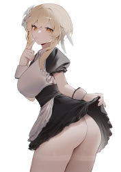 Rule 34 | 1girl, absurdres, alternate costume, apron, ass, ass focus, black dress, blonde hair, breasts, closed mouth, clothes lift, collared dress, cowboy shot, dress, dress lift, enmaided, expressionless, finger to mouth, flower, from behind, genshin impact, hair flower, hair ornament, hand up, highres, index finger raised, large breasts, lifted by self, looking at viewer, looking back, lumine (genshin impact), maid, maid apron, orange eyes, pantyhose, shibuya (kurokamishain), short dress, short hair with long locks, short sleeves, shushing, sidelocks, simple background, solo, standing, thighband pantyhose, thighs, twisted torso, waist apron, white background, wrist cuffs