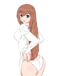 Rule 34 | 1girl, ass, blue eyes, blush, breasts, brown hair, female focus, highres, large breasts, long hair, long shirt, makise kurisu, no pants, open mouth, panties, parted lips, shiny skin, sideboob, simple background, solo, steins;gate, taka (copyrobot), underwear
