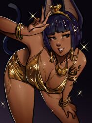 Rule 34 | 1girl, animal ears, bangle, bent over, blunt bangs, bob cut, bracelet, breasts, brown lips, chain, cleavage, commentary, dangle earrings, dark-skinned female, dark skin, downblouse, dress, earrings, egyptian, elizabeth (skullworms), facing viewer, fingernails, gold chain, gold dress, gold hairband, gold nails, gold necklace, hairband, hand on own thigh, highres, hip vent, jackal ears, jewelry, large breasts, long fingernails, looking to the side, necklace, no bra, original, short dress, short hair, side slit, skullworms, snake armband, solo, spaghetti strap, sparkle, symbol-only commentary, teeth, v, variant set