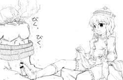 Rule 34 | 1girl, bar censor, breasts, censored, clothed female nude male, clothes lift, cum, ejaculation, feet, footjob, greyscale, hat, merlin prismriver, monochrome, nude, penis, sitting, small breasts, socks, solo focus, touhou