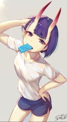 Rule 34 | 1girl, adjusting hair, alternate costume, arm up, bazooka oiran, blue shorts, blunt bangs, breasts, casual, collarbone, commentary request, contemporary, cowboy shot, eyeshadow, fang, fang out, fate/grand order, fate (series), food, from above, grey background, grey shirt, gym shirt, gym shorts, hand on own hip, highres, horns, leaning forward, looking at viewer, looking up, makeup, mouth hold, parted lips, popsicle, purple eyes, purple hair, shirt, short hair, short sleeves, shorts, shuten douji (fate), signature, simple background, skin-covered horns, small breasts, solo, standing, tsurime