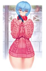 Rule 34 | 1girl, alternate breast size, ayanami rei, bad id, bad twitter id, blue hair, blue ribbon, blush, border, box, breasts, closed mouth, cowboy shot, cropped legs, day, dress, female focus, half-closed eyes, hands up, happy, heart-shaped box, highres, holding, huge breasts, jpeg artifacts, legs together, long sleeves, looking at viewer, mogudan, neon genesis evangelion, outdoors, pink dress, red eyes, ribbon, shiny clothes, shiny skin, short dress, short hair, sleeves past wrists, smile, solo, standing, straight-on, sweater, sweater dress, thick thighs, thighs, tree, valentine, white border, wide hips